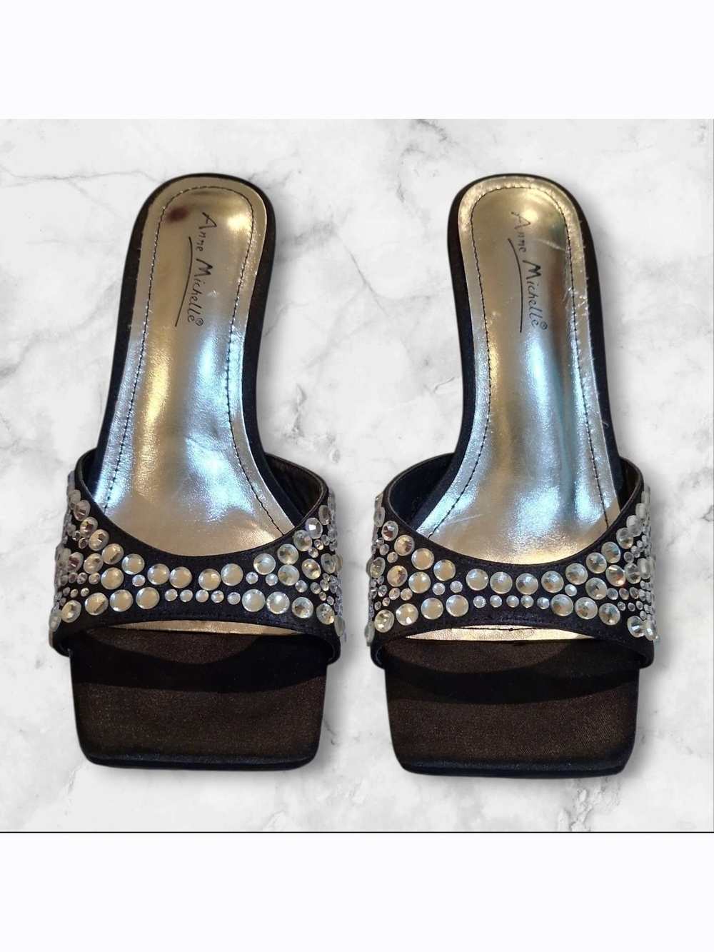Anne Michelle Black Crystal-Embellished Heel Sandals